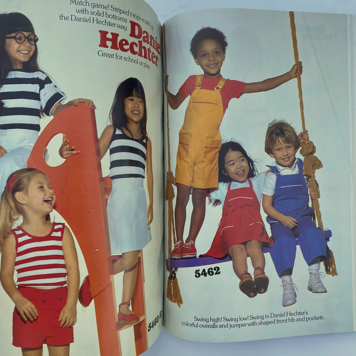 Kids wearing colorful Daniel Hechter clothing from the 1977 August Butterick Catalog, featuring striped tops and vibrant overalls ideal for school and play.