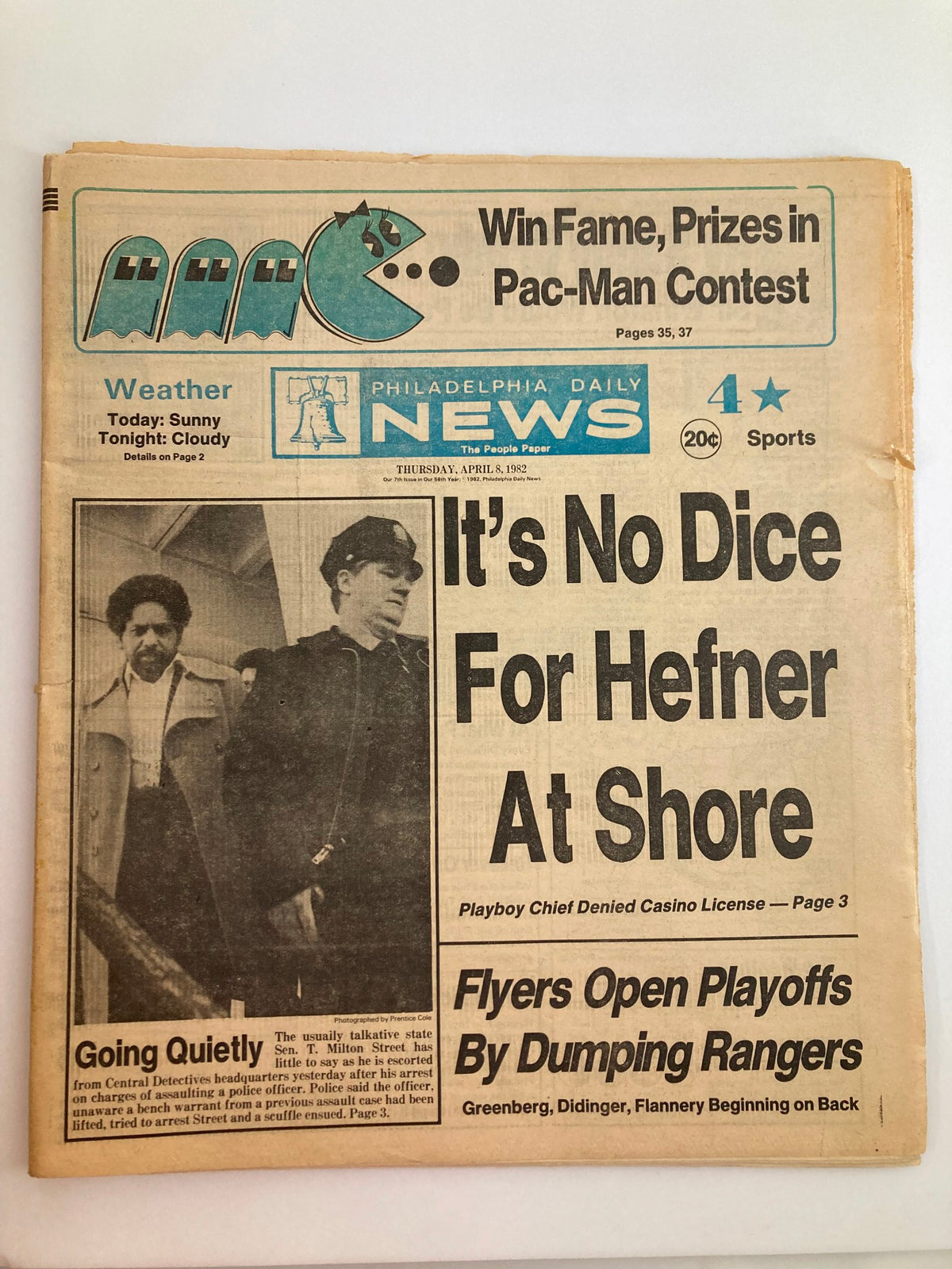 Philadelphia Daily News Tabloid from April 8, 1982 featuring State Senator Thomas Milton Street, showcasing the headline 'It's No Dice For Hefner At Shore' along with local Philadelphia news and events.
