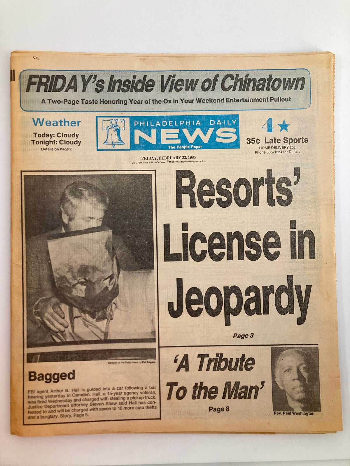 Philadelphia Daily News Tabloid February 22 1985 featuring a story about Arthur Hall with the headline 'Resorts' License in Jeopardy' and a photo of the newsworthy event. The tabloid is highlighted with a vintage design.