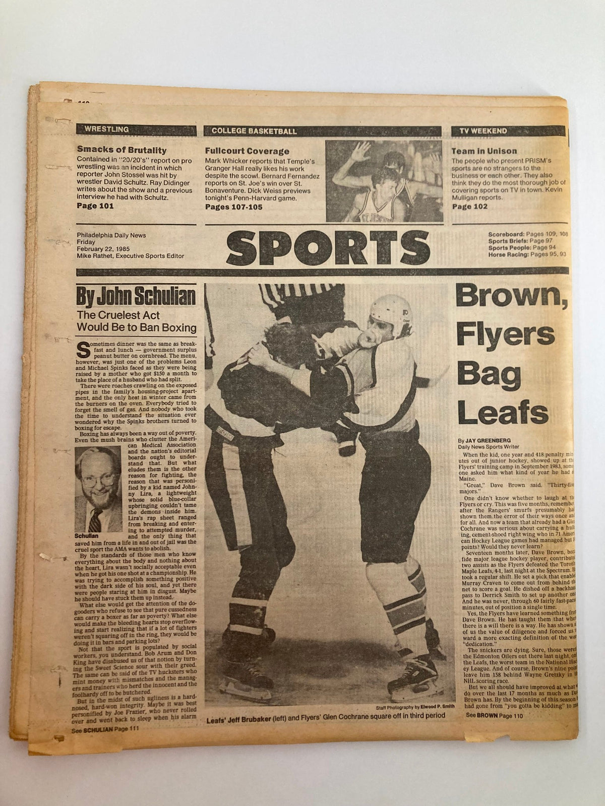 Philadelphia Daily News Tabloid February 22 1985 displaying the sports section with a feature on boxing and hockey, capturing a tense moment between players. The layout showcases late sports coverage in a classic newspaper format.