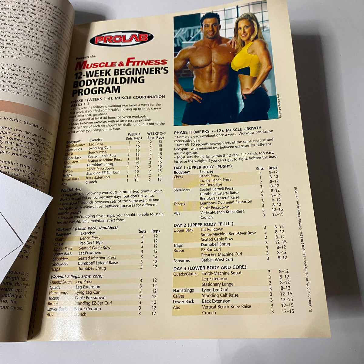 Inside page of MuscleMag Magazine February 2003 displaying a 12-week beginner's bodybuilding program with workout details and featured fitness models.
