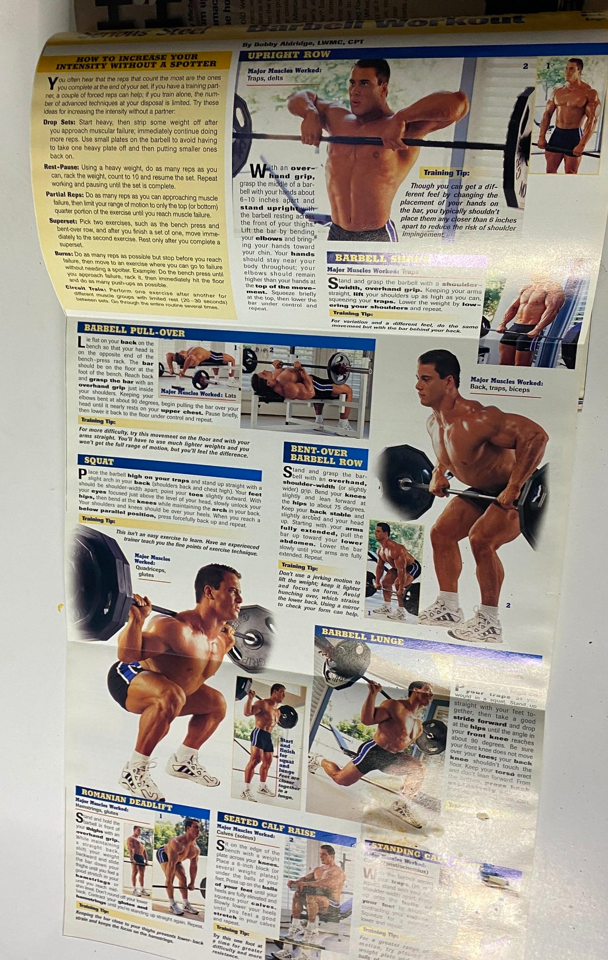 Muscle & Fitness Magazine December 1998 Great Glutes Program workout guide featuring exercises like Upright Row, Barbell Pull-Over, Squat, Bent-Over Barbell Row, Barbell Lunge, Romanian Deadlift, and Seated Calf Raise, designed to enhance fitness routines and build muscle.