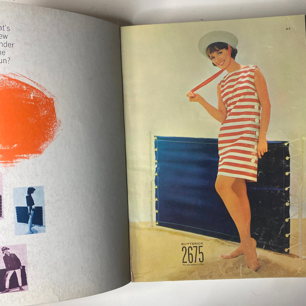 Another interior page from the 1963 Butterick June Catalog featuring a model in a striped dress, with sections discussing the season's fashion styles.