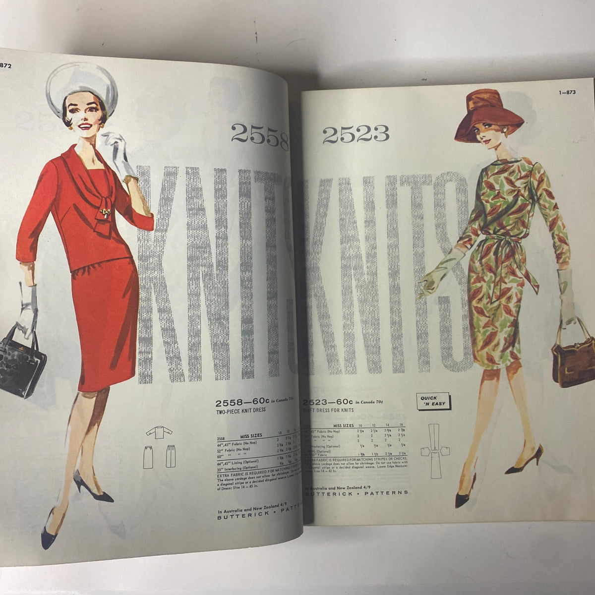 Page from the 1963 Butterick June Catalog displaying fashionable knit dress styles accompanied by detailed garment information.