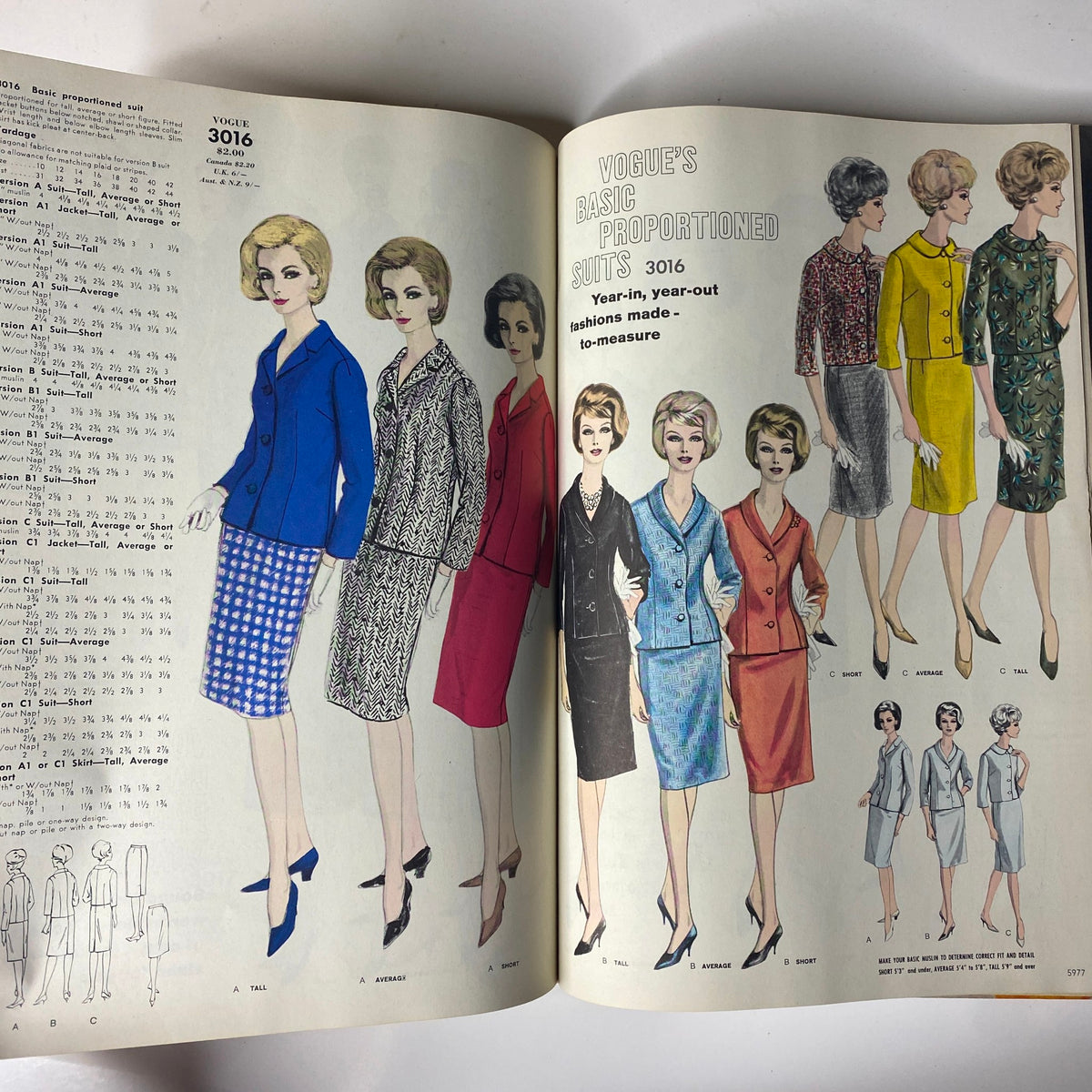 Vogue Patterns June 1964 Catalog displaying women's suit patterns 3016 with various styling options. Captures the essence of 1960s fashion with chic silhouettes and tailored looks.
