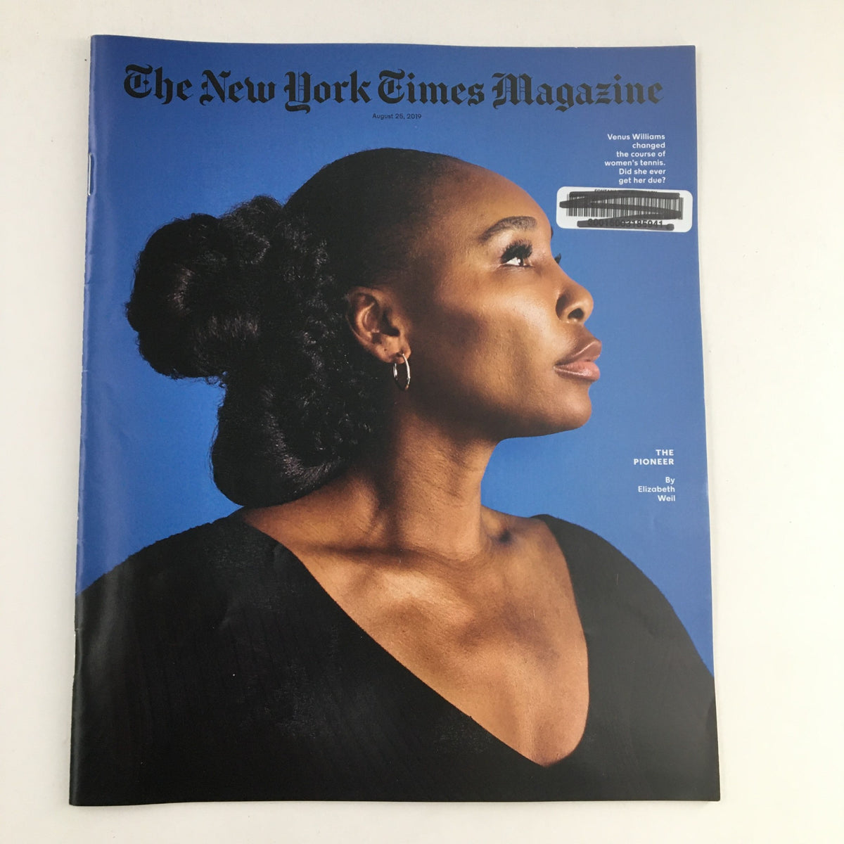 The New York Times Magazine August 25 2019 featuring Venus Williams on the cover, showcasing her profile against a blue background, highlighting her significance as a pioneer in sports.