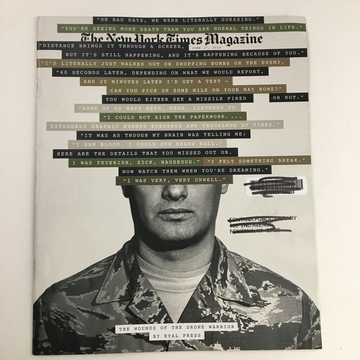 Cover of The New York Times Magazine June 17, 2018, featuring an image of a soldier discussing the psychological impact of drone warfare, titled 'The Wounds of The Drone Warrior'.