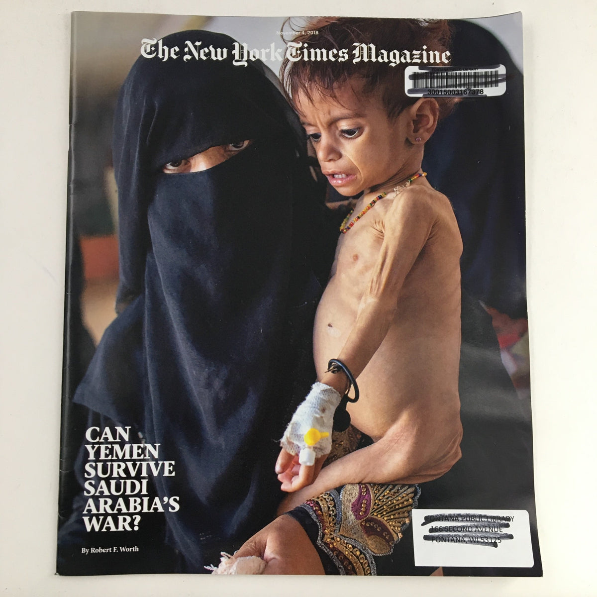 The New York Times Magazine cover from November 4, 2018, featuring a poignant image of a Yemeni child and mother, highlighting the critical question, 'Can Yemen Survive Saudi Arabia's War?'. This cover focuses on the human impact of the ongoing conflict in Yemen.
