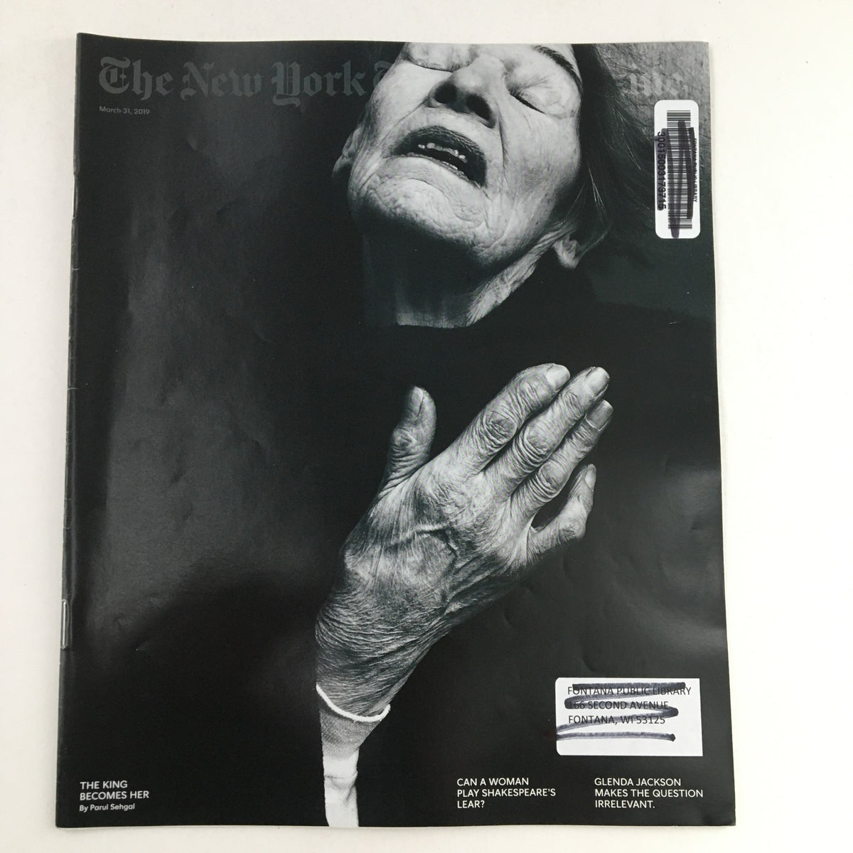 Cover of The New York Times Magazine from March 31, 2019, featuring the article 'The King Becomes Her' by Parul Sehgal. The cover portrays an expressive black-and-white image capturing deep emotional resonance.
