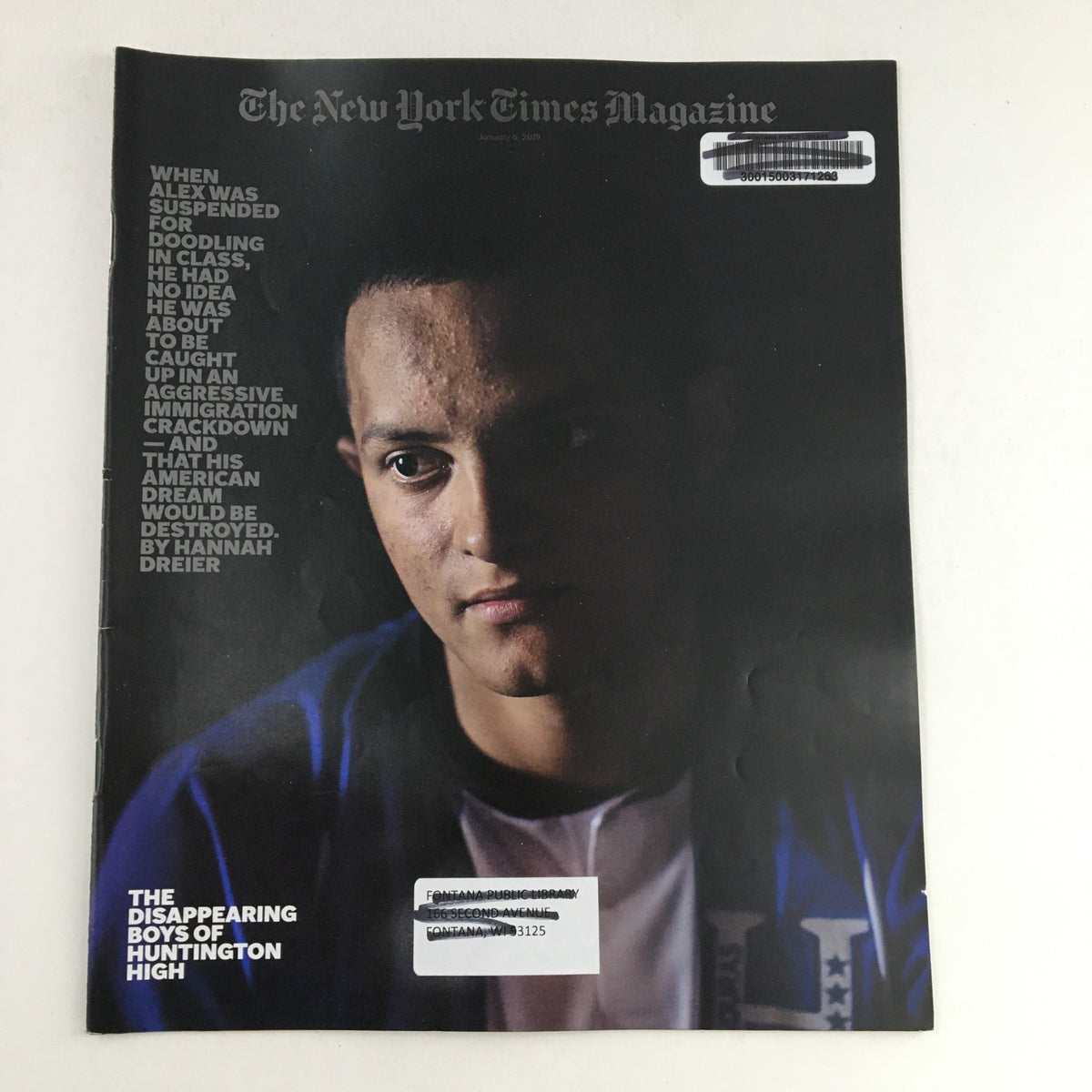 Cover of The New York Times Magazine January 6 2019 featuring the title 'The Disappearing Boys of Huntington High,' showcasing a portrait of a teenage boy with text discussing issues faced by youth today.