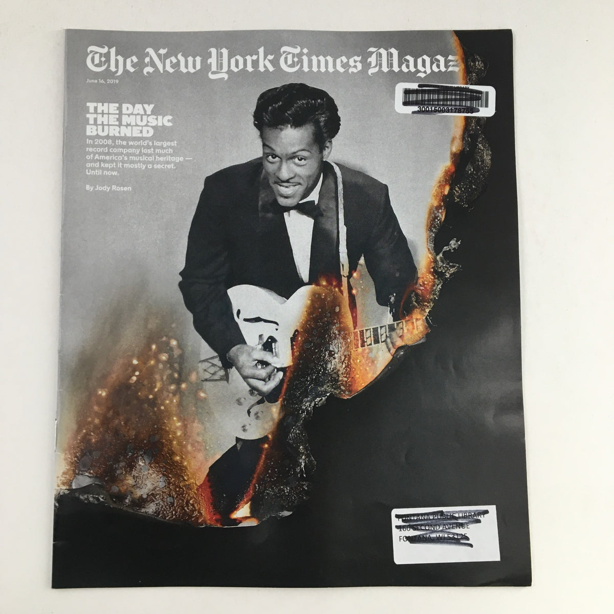 Cover of The New York Times Magazine dated January 16, 2019, featuring the title 'The Day The Music Burned' with an image of an artist playing guitar amidst flames, symbolizing the cultural impact of music in 2008.