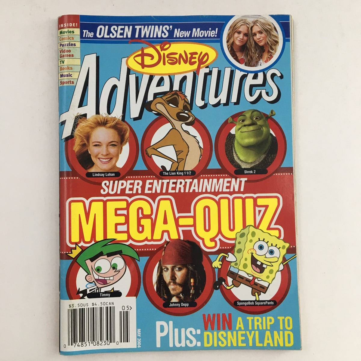 Disney Adventures Magazine May 2004 featuring Lindsay Lohan, Johnny Depp, and popular characters like Shrek and SpongeBob SquarePants. This collectible magazine showcases vibrant cover art, celebrating the entertainment of the early 2000s.