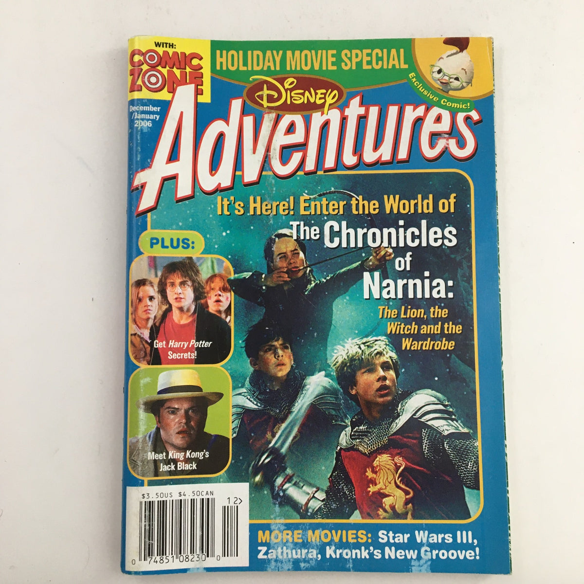 Cover of Disney Adventures Magazine December 2005 featuring a spotlight on The Chronicles of Narnia, showcasing characters and themes from the film alongside other popular movies like Star Wars III and Zathura.