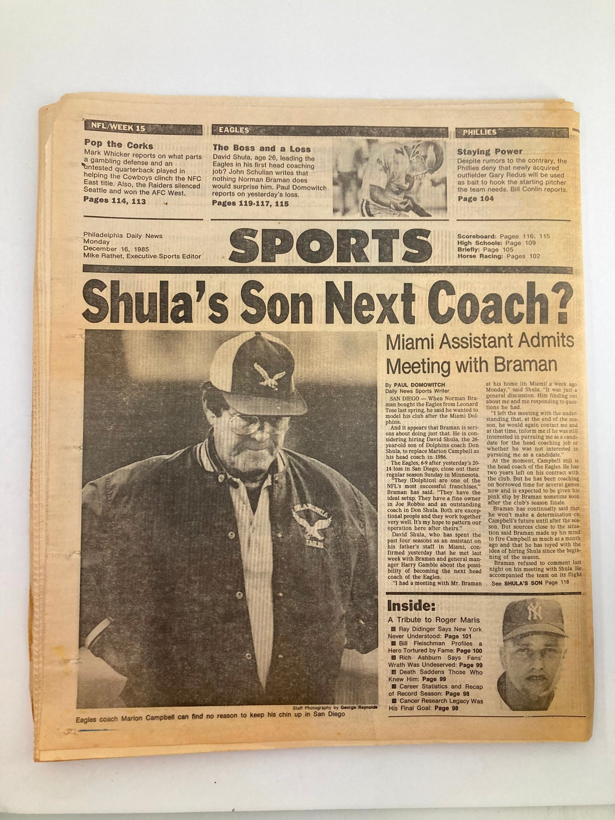 Another Philadelphia Daily News Tabloid from December 16, 1985, with the title 'Shula’s Son Next Coach?', highlighting sports news and featuring an image of a sports coach in a jacket.