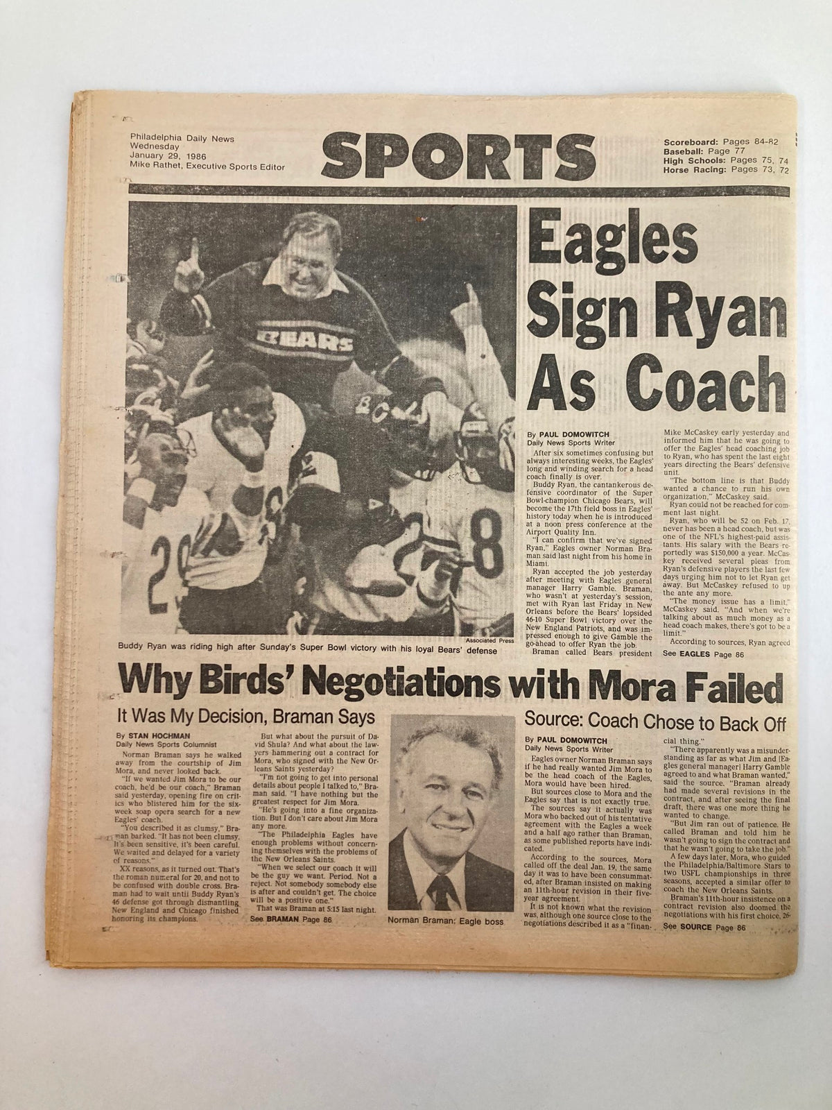 Philadelphia Daily News Tabloid from January 29, 1986 featuring Christa McAuliffe, Ed & Grace. The image shows the front page highlighting sports news, including the Eagles signing Ryan as coach. The newspaper is in good condition with minor wear and features a protective cover.