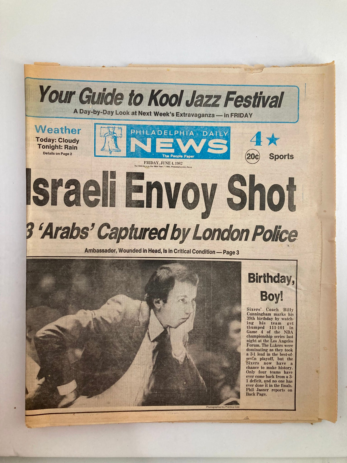 Philadelphia Daily News Tabloid June 4 1982 featuring Sixers' Coach Billy Cunningham, with a headline discussing Israeli envoy shot and overview of the sports section, capturing a pivotal moment in sports history.