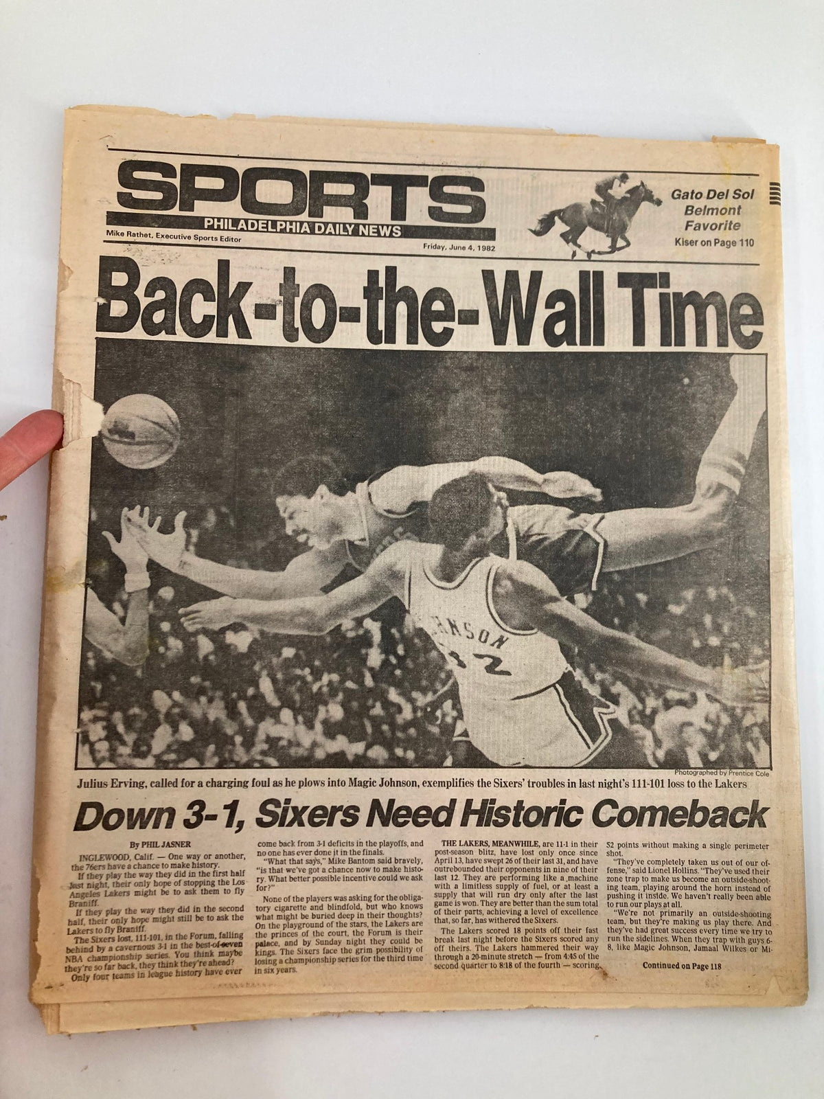 Philadelphia Daily News Tabloid June 4 1982 showcasing a sports feature titled 'Back-to-the-Wall Time,' highlighting Sixers' challenges during the NBA playoff series.
