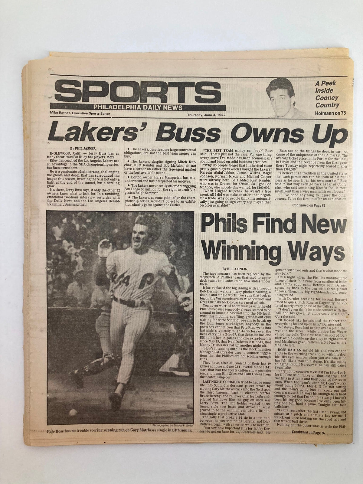 Another view of the Philadelphia Daily News Tabloid from June 3, 1982, highlighting the sports section with the headline 'Lakers' Buss Owns Up' and updates on the Philadelphia Phillies.