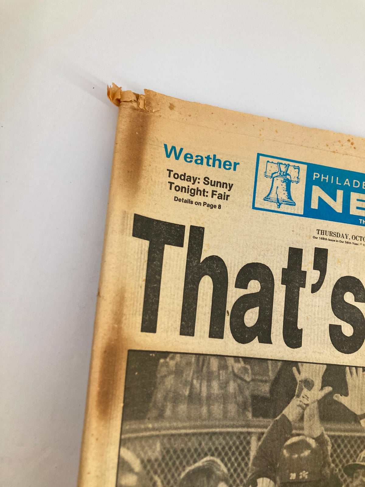 Close-up of the weather section from the Philadelphia Daily News Tabloid, dated October 16, 1980, showcasing Mike Schmidt's performance highlighted in sports news.