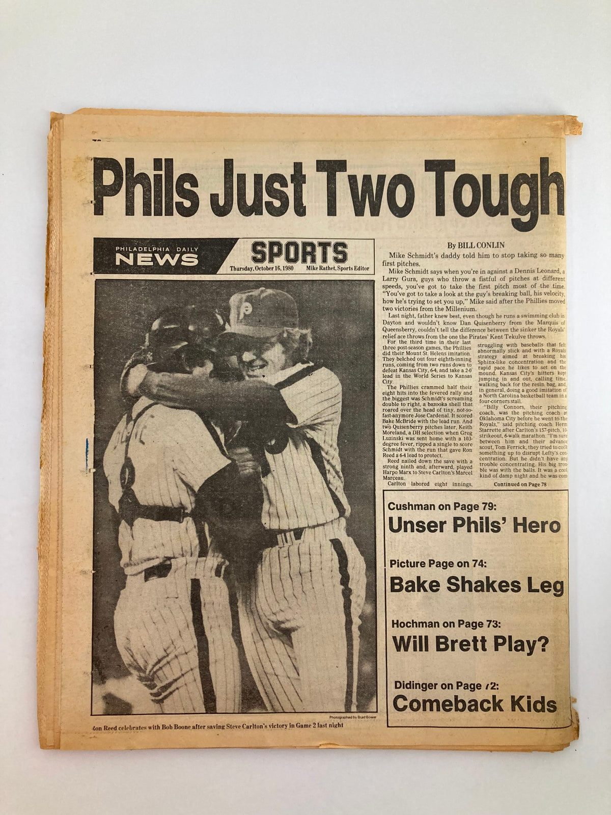 Philadelphia Daily News Tabloid from October 16, 1980, presenting a sports article about Mike Schmidt and the Philadelphia Phillies, celebrating their victory.