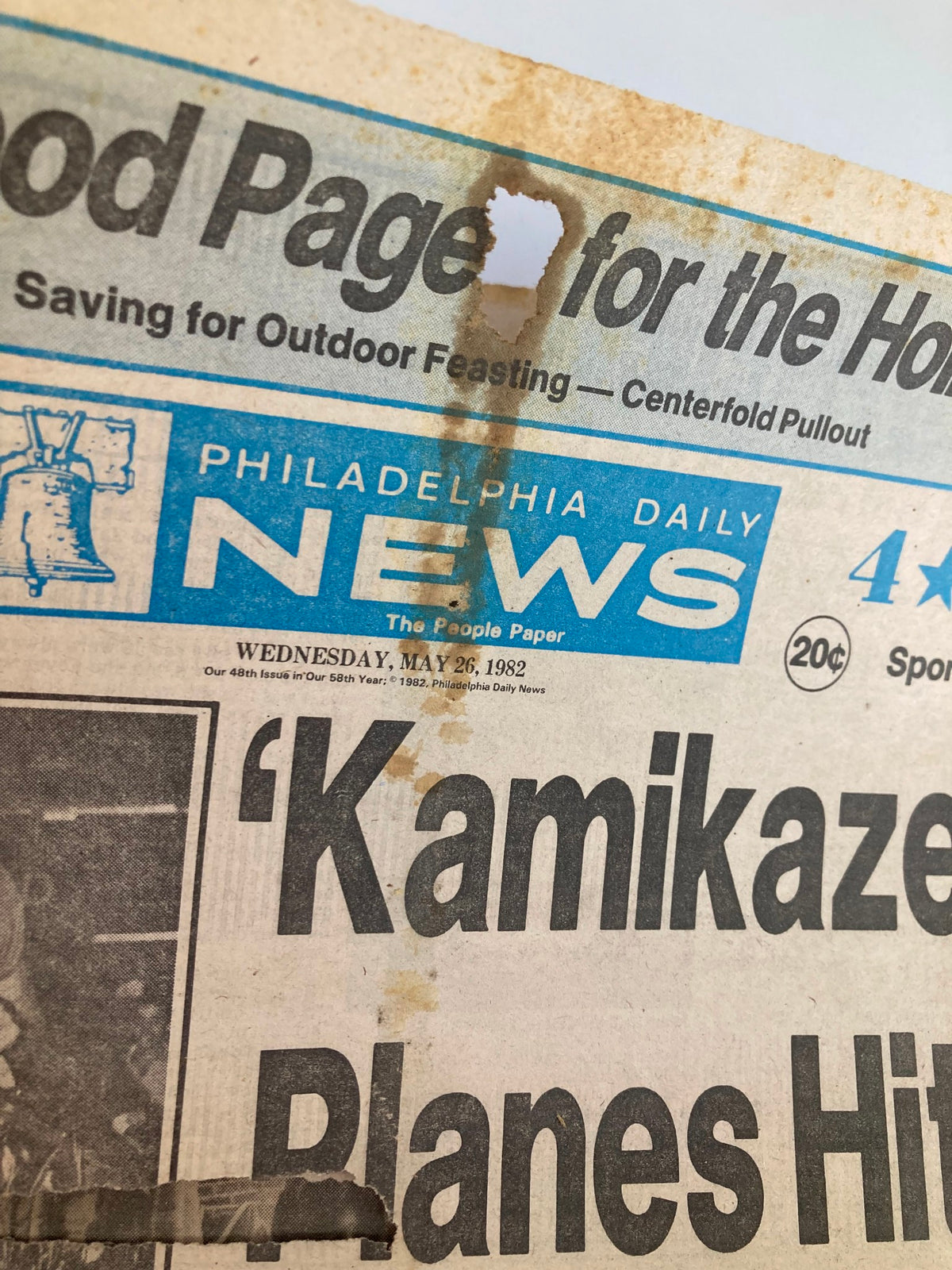 Top section of the 1982 Philadelphia Daily News Tabloid 'Hoop-La Andy Salmon of Woodbury', featuring moisture damage and the publication date.