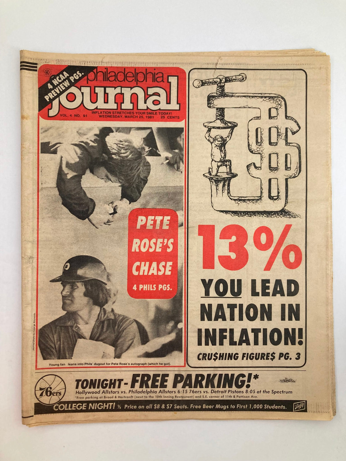 Philadelphia Journal Tabloid cover from March 25, 1981 featuring Pete Rose's chase for baseball greatness, with headlines on sports events and inflation news.