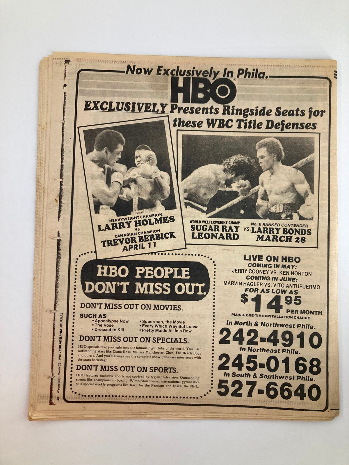 Back cover of the Philadelphia Journal Tabloid, March 25, 1981, promoting HBO ringside seats for Sugar Ray Leonard's upcoming boxing matches and other sports events.