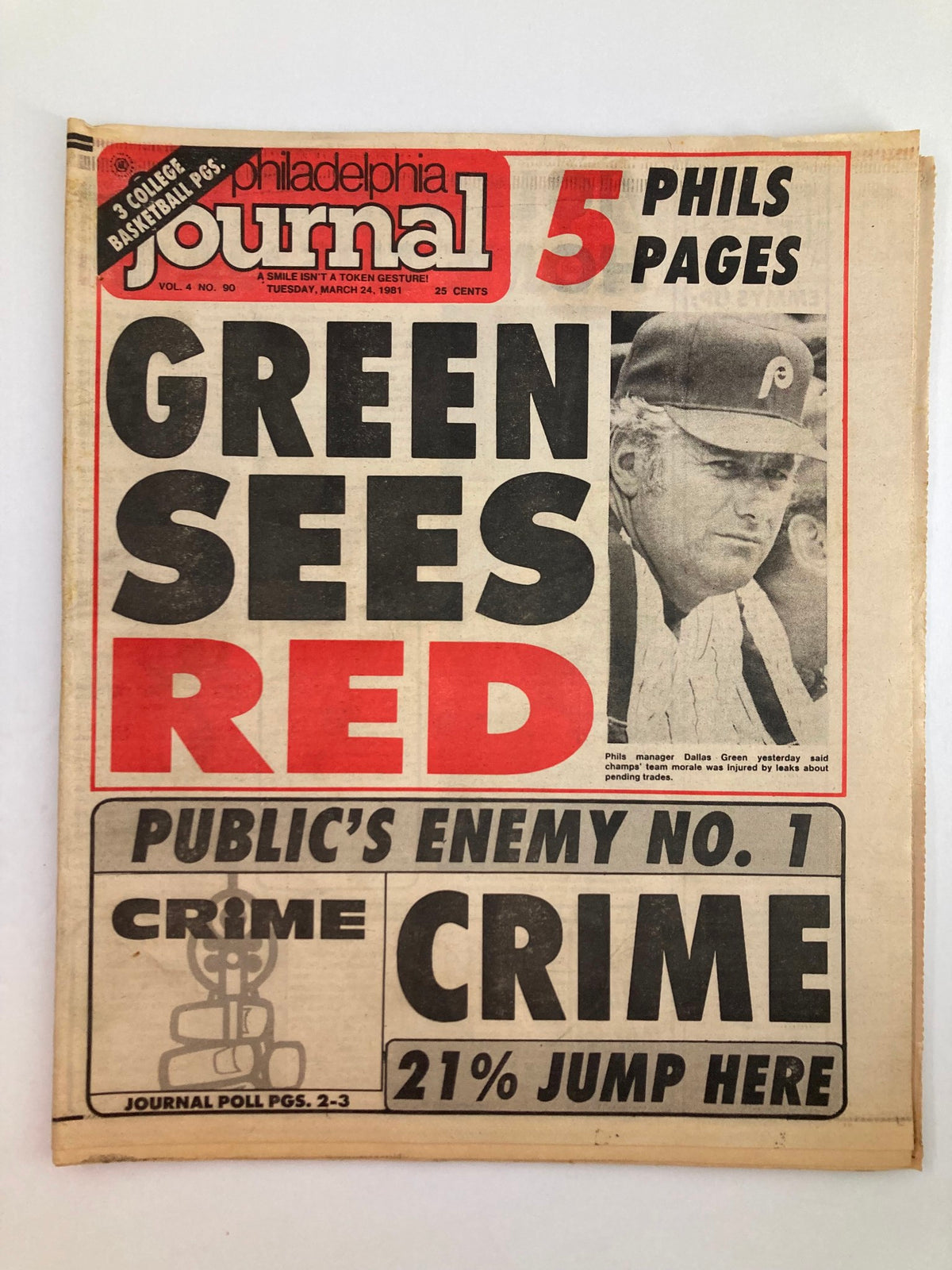 Philadelphia Journal Tabloid March 24 1981 featuring headline 'Green Sees Red' about Phils Manager Dallas Green, includes large text and a photo of Dallas Green.