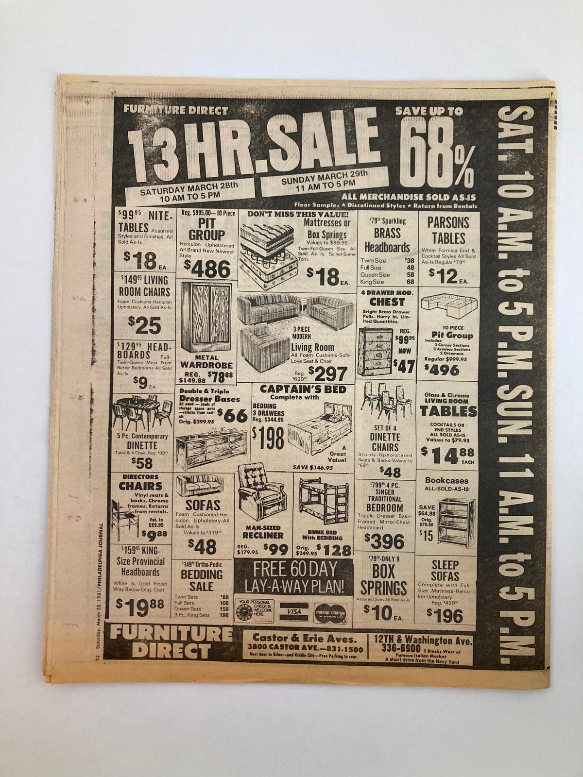 Philadelphia Journal Tabloid March 28 1981 displaying a furniture sale advertisement with various products and discounts, showcasing promotional offers.