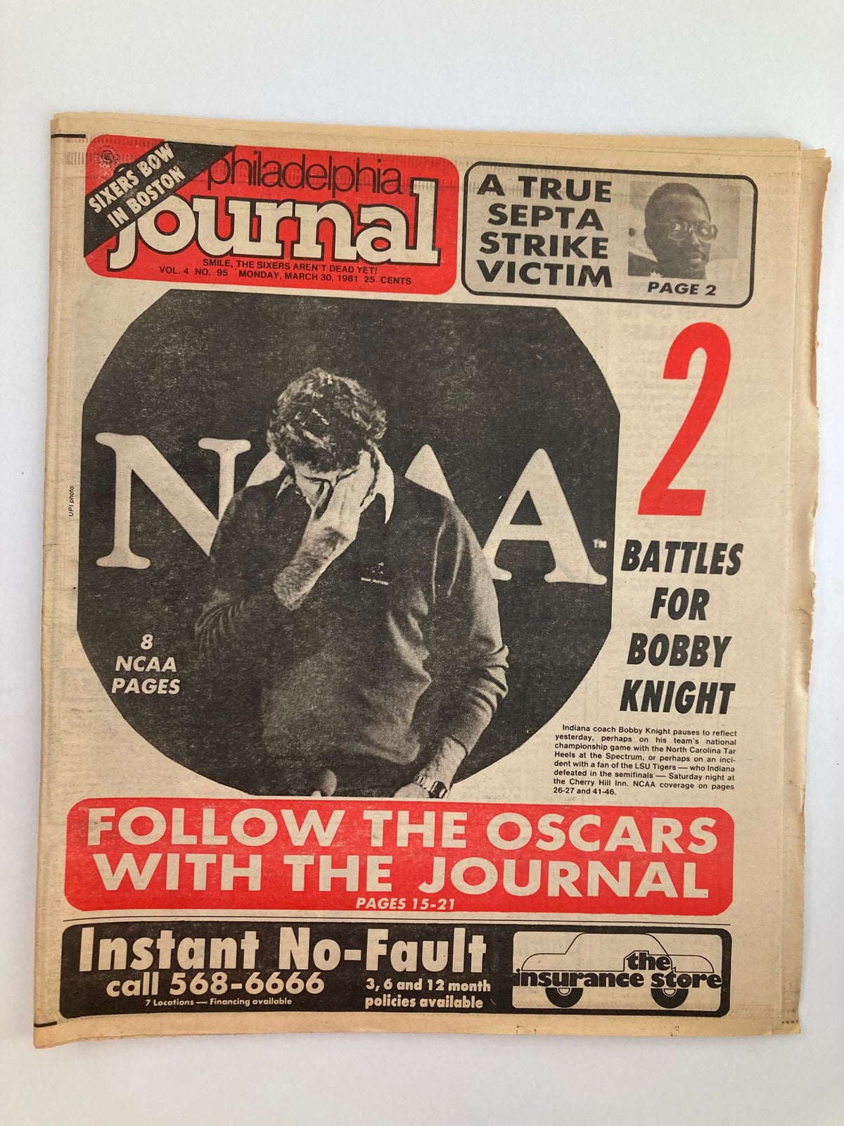 Philadelphia Journal Tabloid from March 30, 1981, featuring the headline '2 Battles for Bobby Knight' focusing on significant sports events. The cover displays a photo of Indiana coach Bobby Knight and details about NCAA coverage.