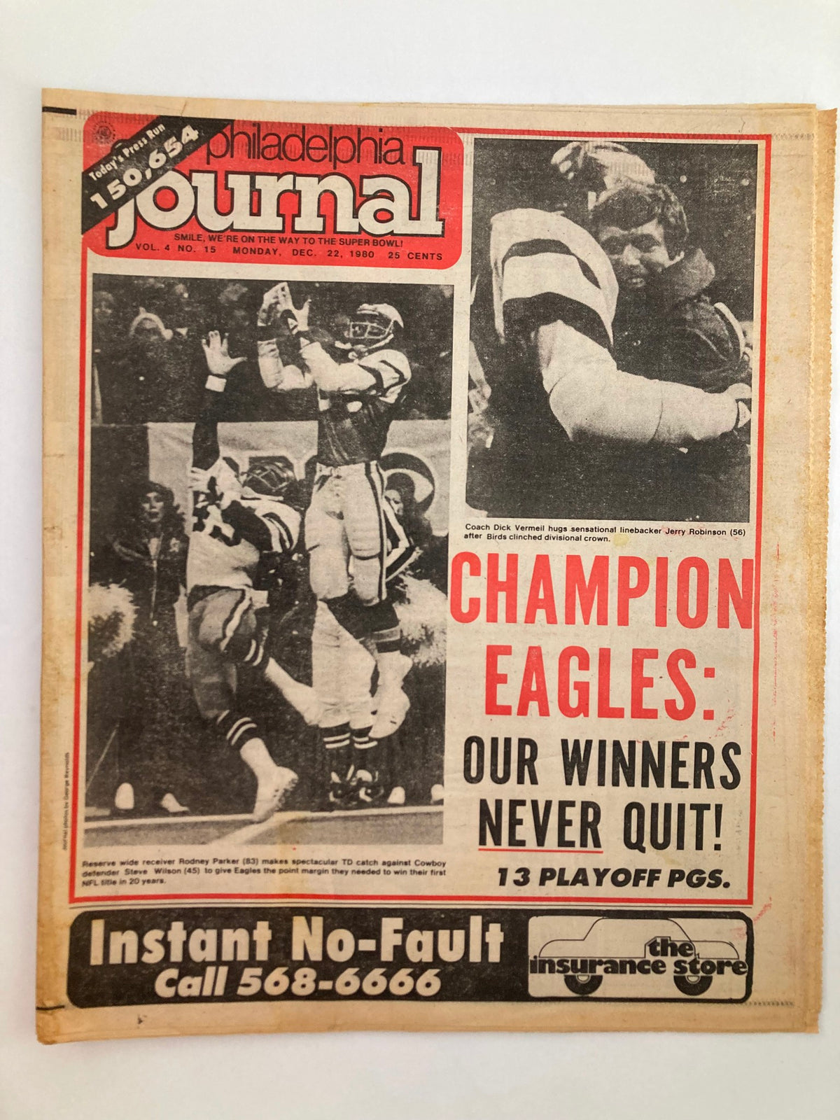 Philadelphia Journal Tabloid December 22, 1980 featuring Coach Dick Vermeil and Jerry Robinson. The cover highlights the Philadelphia Eagles' achievement with the title 'Champion Eagles: Our Winners Never Quit!' including images of players celebrating. Good condition with minor wear.