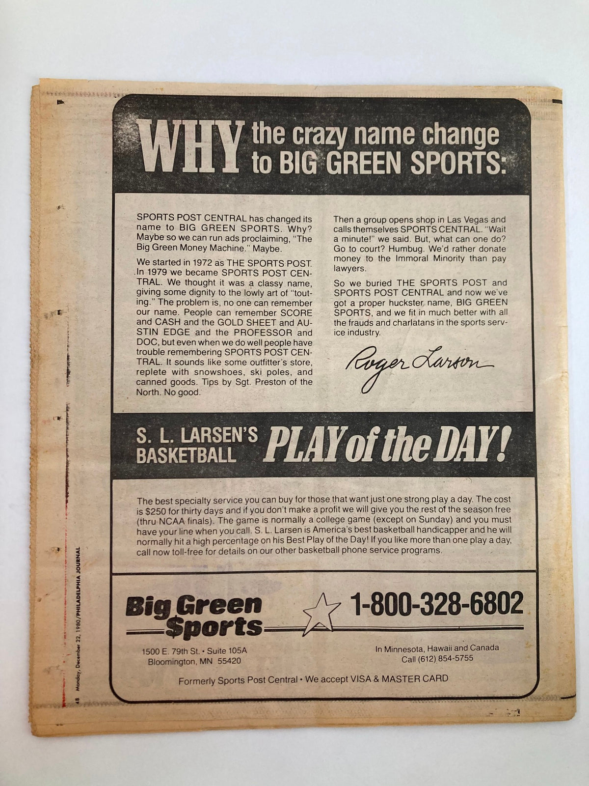 Back cover of the Philadelphia Journal Tabloid December 22, 1980 featuring an advertisement for Big Green Sports, explaining the name change from Sports Post Central. The ad promotes their specialized sports service and includes a contact number.
