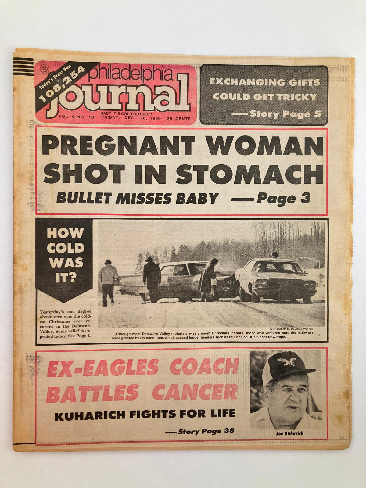 Vintage Philadelphia Journal Tabloid from December 26, 1980, featuring the headline 'Ex-Eagles Coach Battles Cancer - Kuharich Fights for Life.' The cover includes stories about a pregnant woman shot in the stomach and displays a photo of Coach Joe Kuharich.