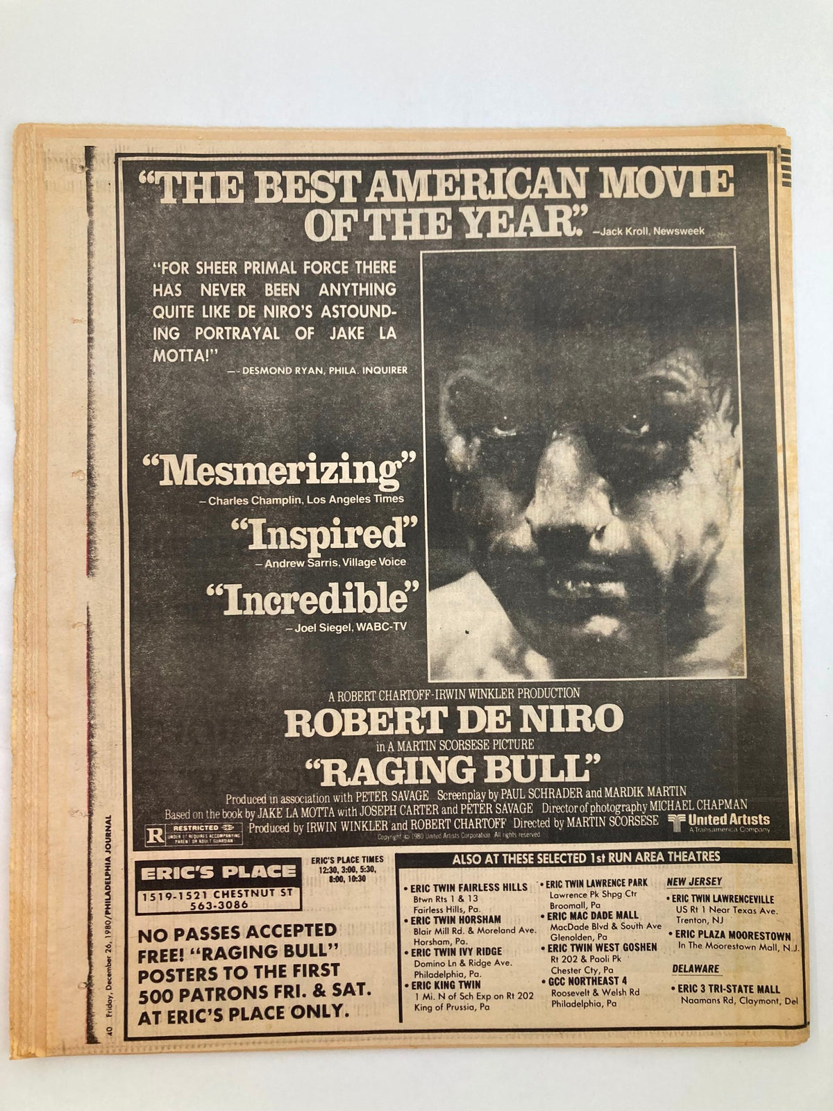 Back cover of the Philadelphia Journal Tabloid dated December 26, 1980, advertising the movie 'Raging Bull' starring Robert De Niro, with reviews highlighting it as 'The Best American Movie of the Year.'