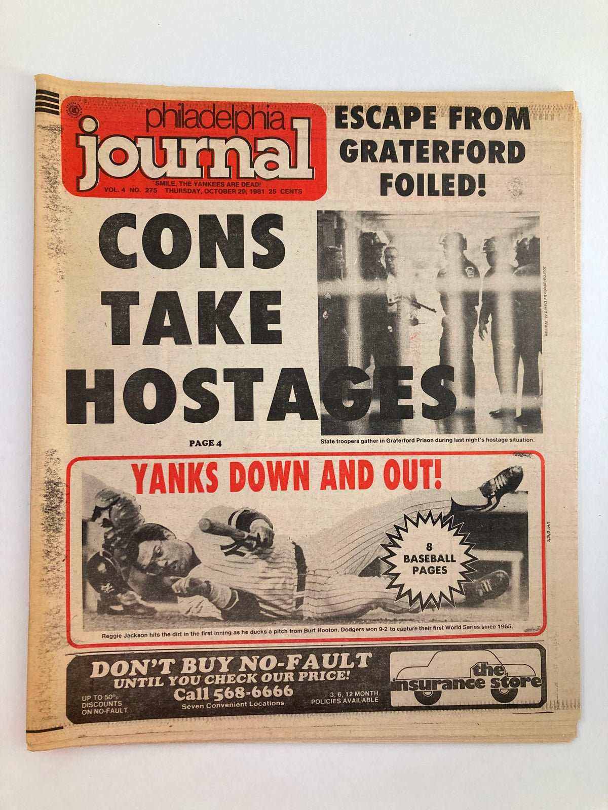 Front cover of the Philadelphia Journal Tabloid, October 29, 1981, featuring the headline 'Yanks Down and Out' alongside a cover image of Reggie Jackson, Volume 4 No. 275.