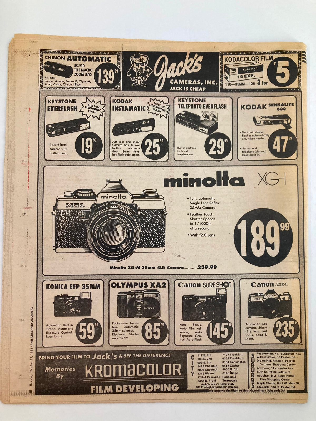 Back cover of the Philadelphia Journal Tabloid, October 29, 1981, showcasing advertisements for cameras and film with prices, Volume 4 No. 275.