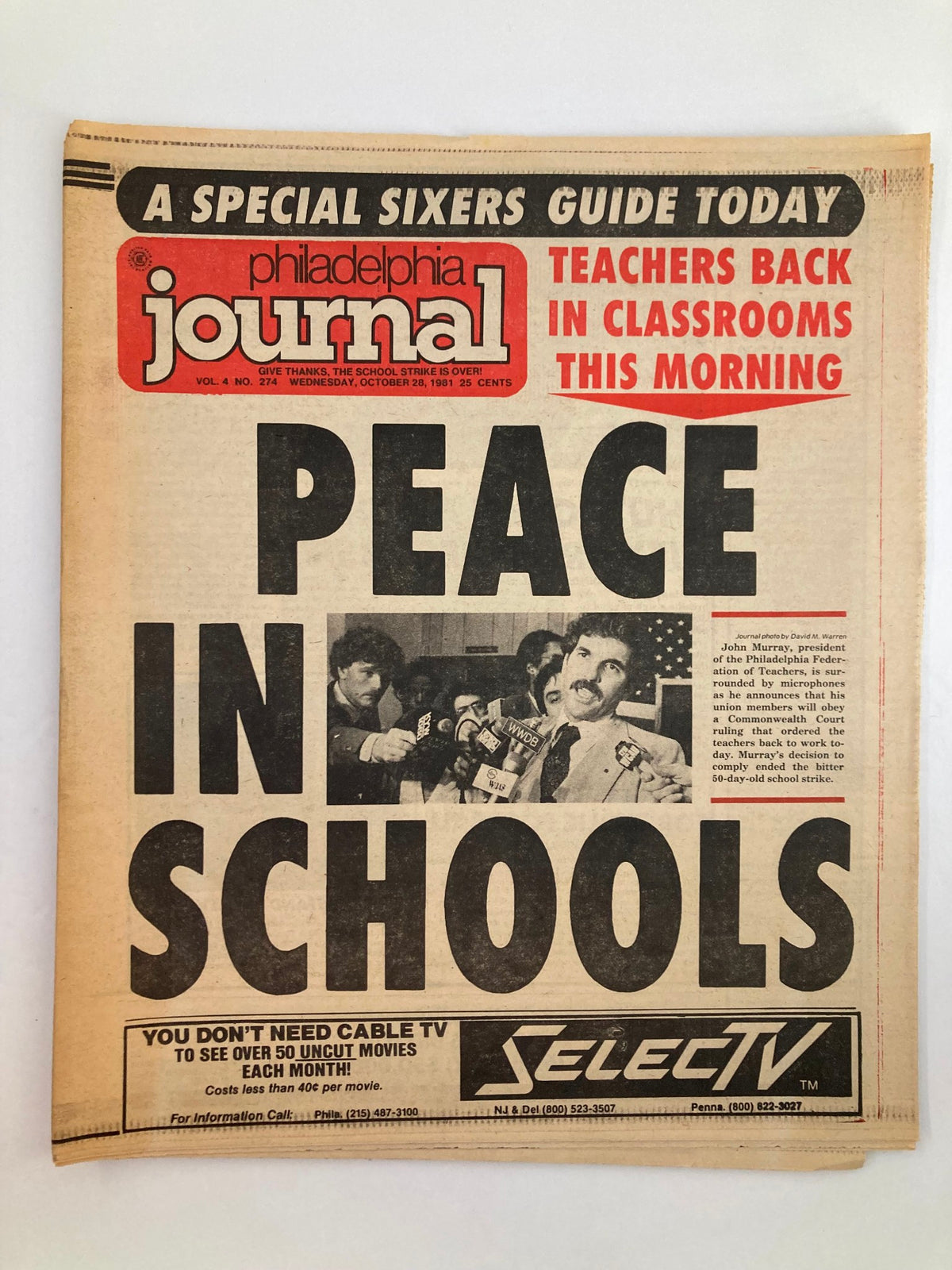 Philadelphia Journal Tabloid October 28 1981 Vol 4 #274 featuring the headline 'Peace in Schools' and showcasing a news photo related to the topic. Good condition with minor wear.