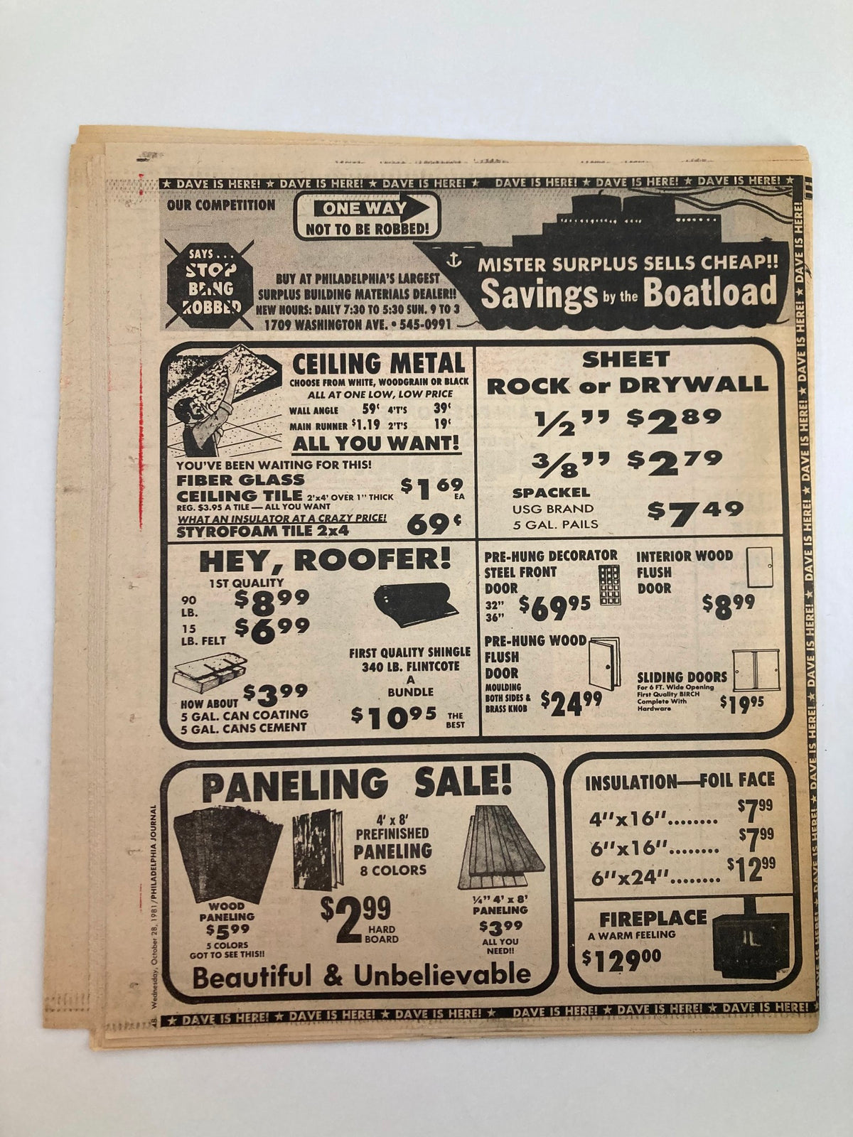 Philadelphia Journal Tabloid October 28 1981 Vol 4 #274 includes advertisements for home improvement products and services, highlighting deals on roofing and paneling. Good condition with some marks.