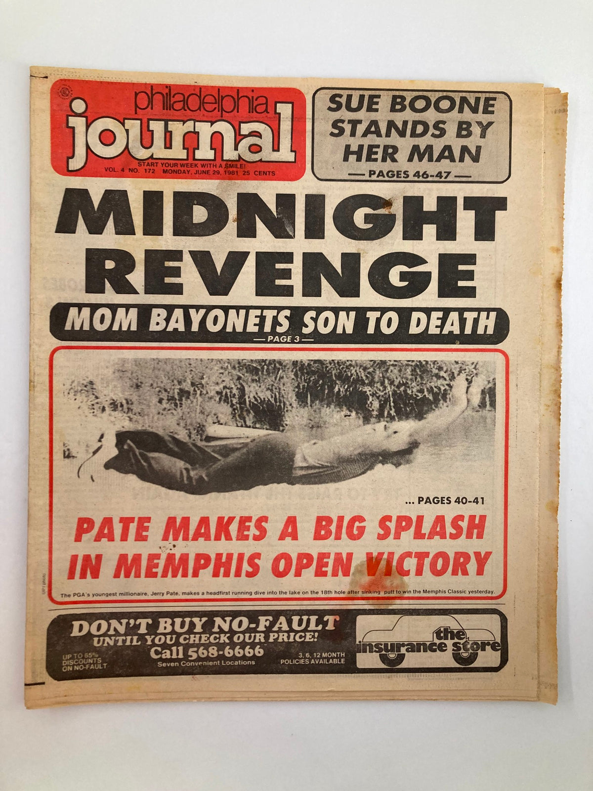 Philadelphia Journal Tabloid June 29 1981 Vol 4 #172 featuring the headline 'Midnight Revenge' with an image of a swimmer, and a report about Jerry Pate's victory in Memphis.