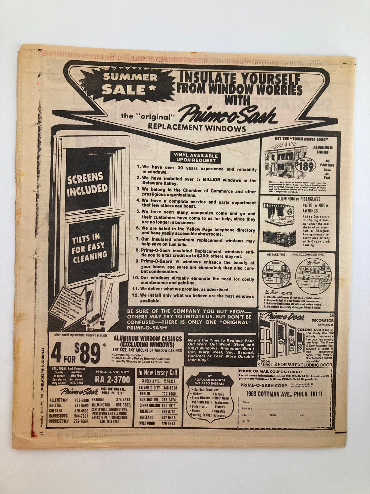 Back cover of the Philadelphia Journal Tabloid June 29 1981 Vol 4 #172, featuring an advertisement for replacement windows and highlighting a summer sale.