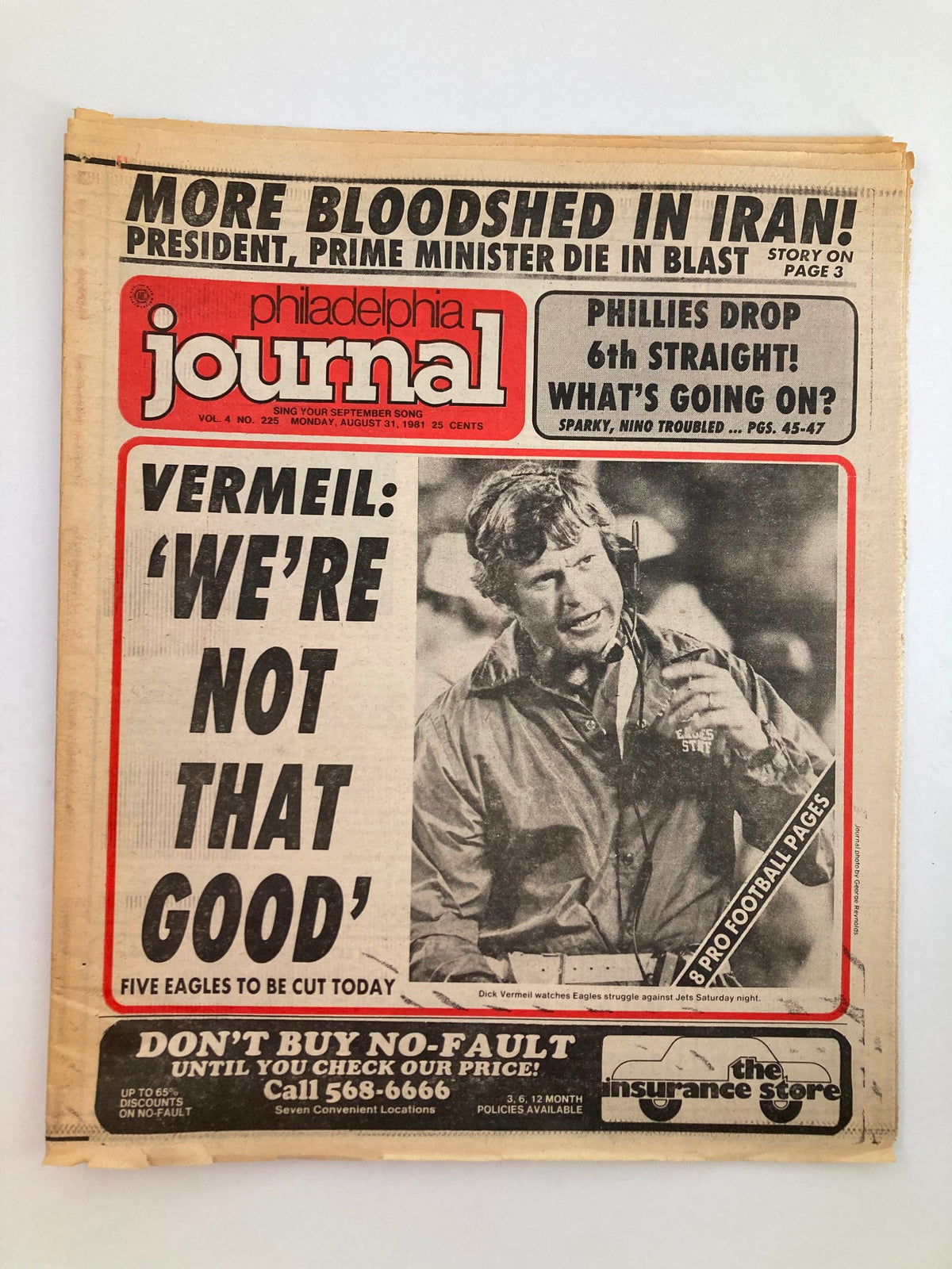 Philadelphia Journal Tabloid August 31 1981 Vol 4 #225 featuring Dick Vermeil with the headline 'WE'RE NOT THAT GOOD' and coverage on the Philadelphia Eagles football team.