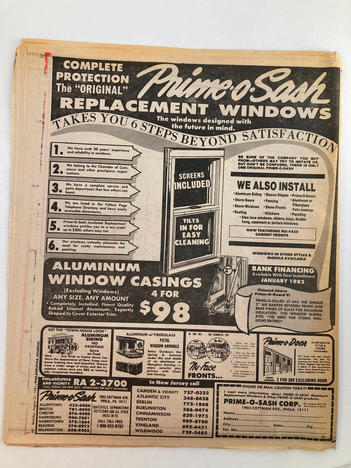 Advertisement from the Philadelphia Journal Tabloid August 31 1981 showcasing Prime-Sash Replacement Windows, emphasizing complete protection and satisfaction.