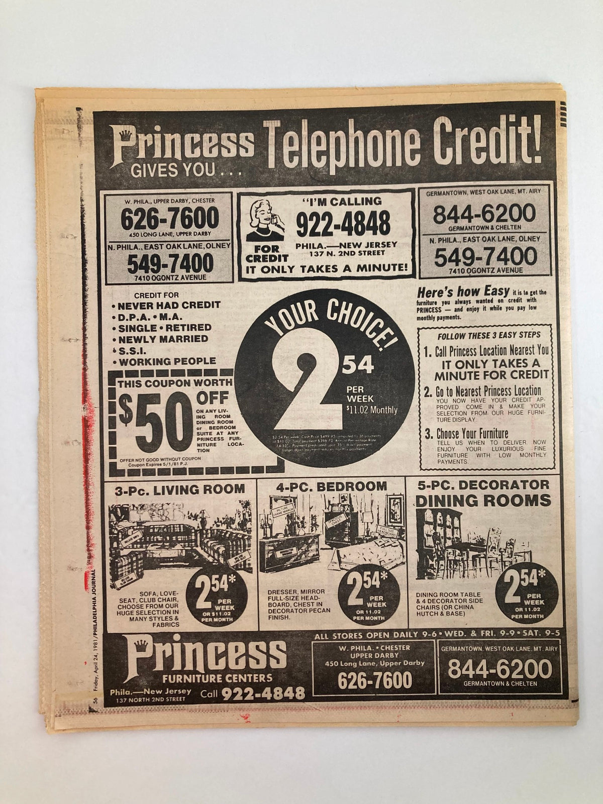 Philadelphia Journal Tabloid April 24 1981 Vol 4 #117 showing an advertisement for Princess Furniture Centers, highlighting special offers on living room and bedroom sets.