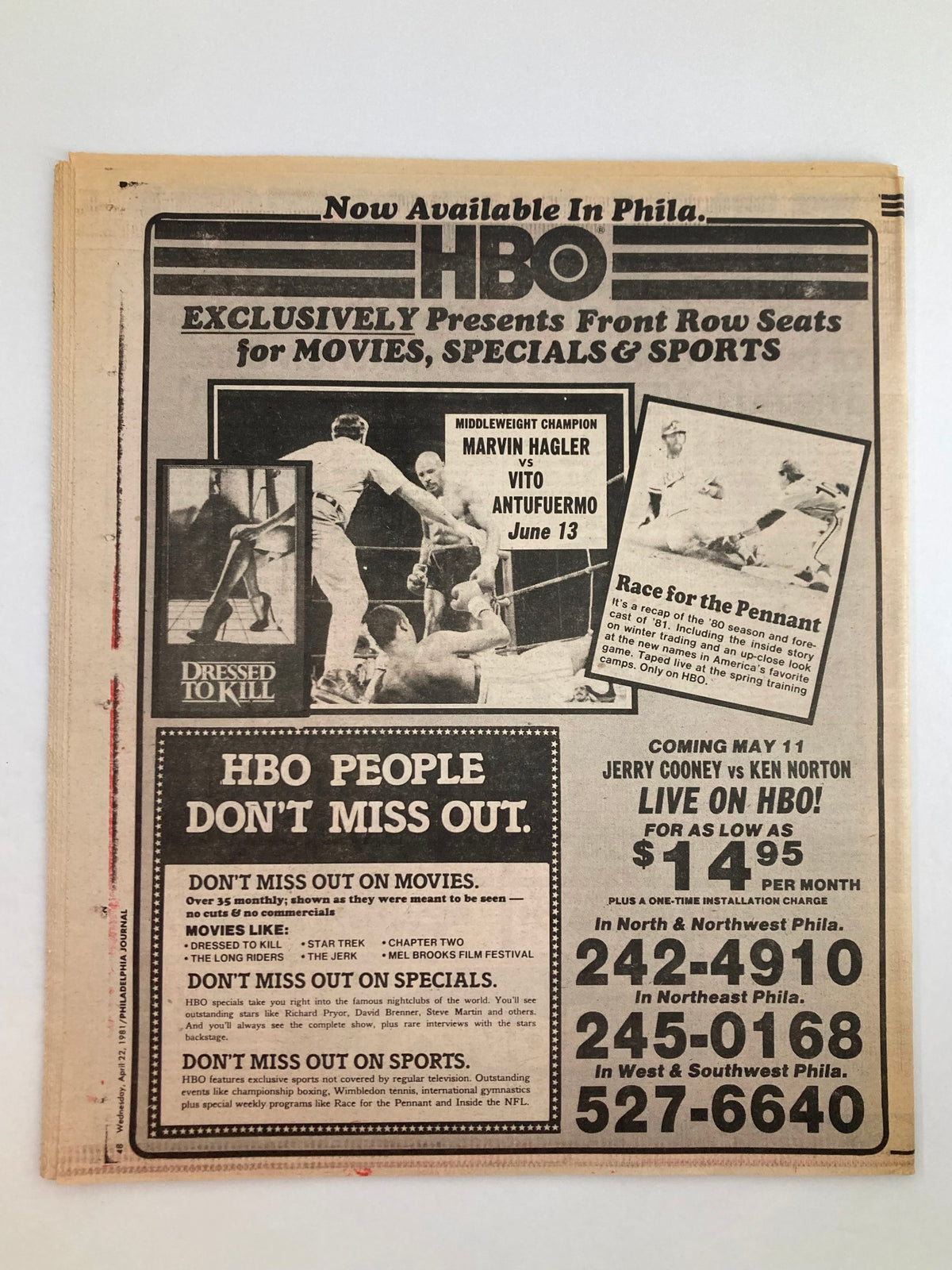 Philadelphia Journal Tabloid April 22 1981 Vol 4 #115 featuring articles on Julius Erving and Andrew Toney, with a vintage newspaper look and advertisements for HBO movies, specials, and sports.