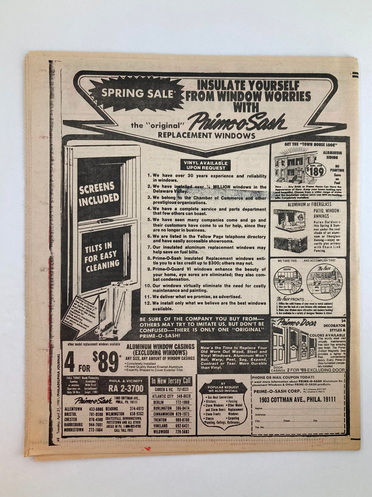 Vintage advertisement from the Philadelphia Journal Tabloid dated April 21, 1981, featuring a spring sale for Prime-Sash replacement windows. The ad highlights window installation and cleaning services, with promotional details such as a special offer of 4 windows for $89.