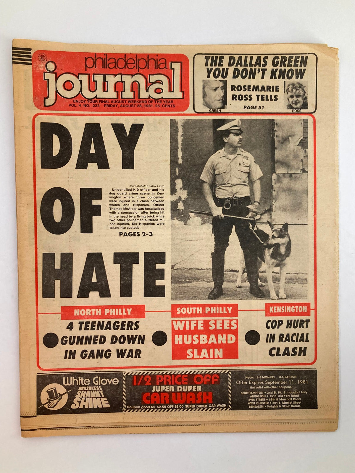 Philadelphia Journal Tabloid from August 28, 1981 featuring the headline 'Day of Hate'. The front page discusses events in North Philly and includes an image of a police officer with a dog.