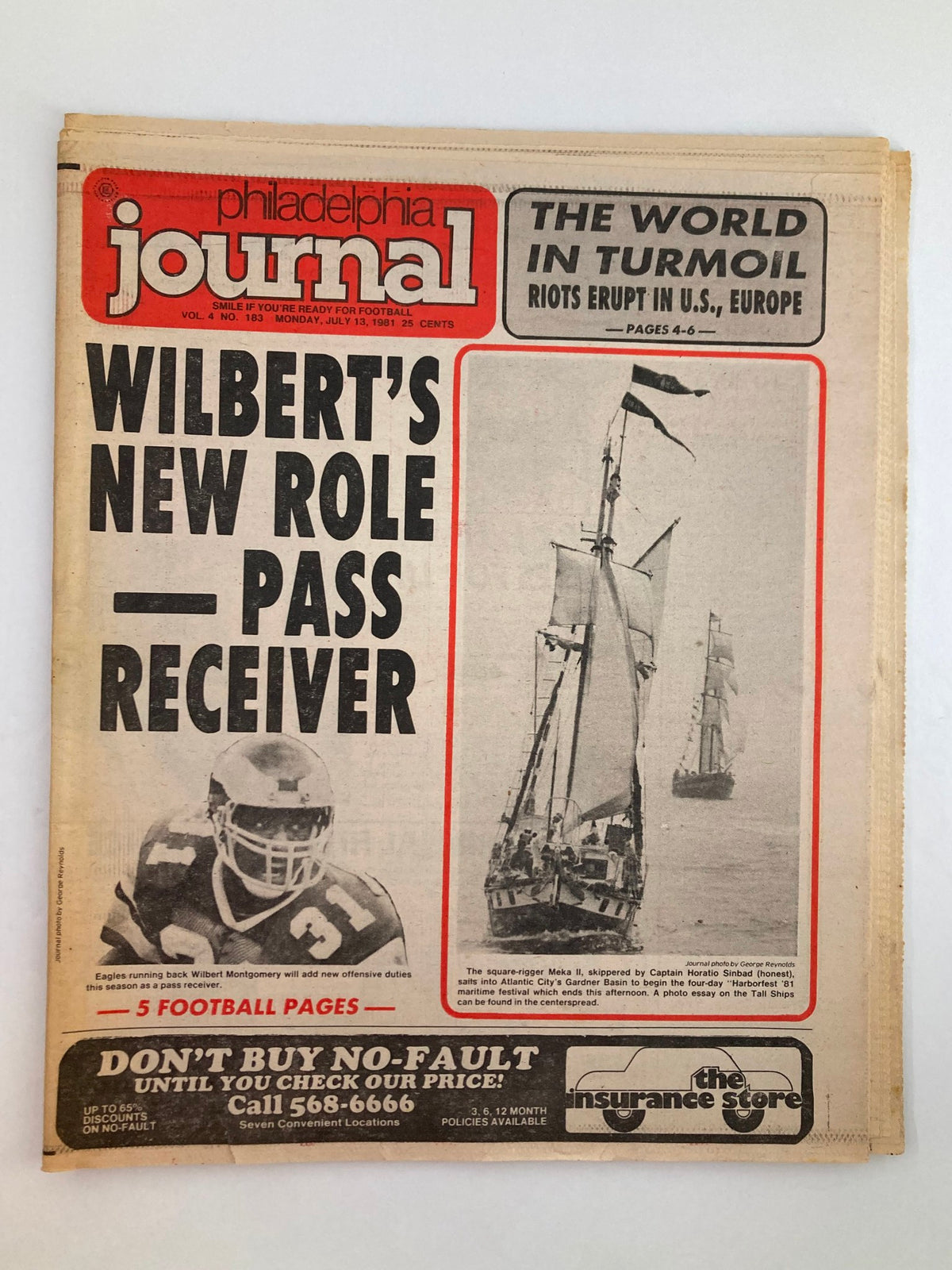Philadelphia Journal Tabloid, July 13, 1981, Vol 4 #183 featuring Wilbert Montgomery as a Pass Receiver with a football-themed cover.