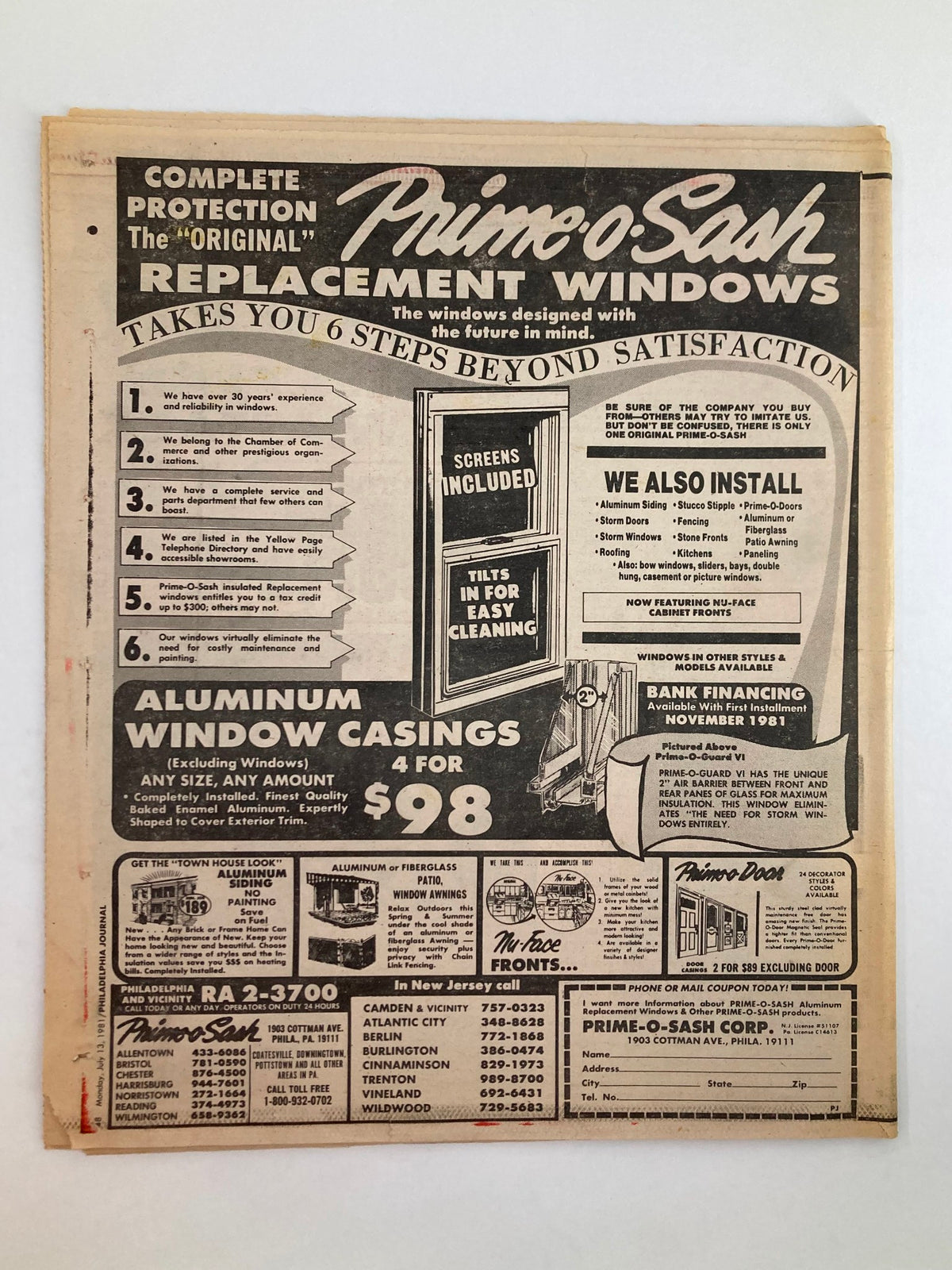 Advertisement for Prime-o-Sash Replacement Windows on the back of the Philadelphia Journal Tabloid, featuring promotional offers and installation information.