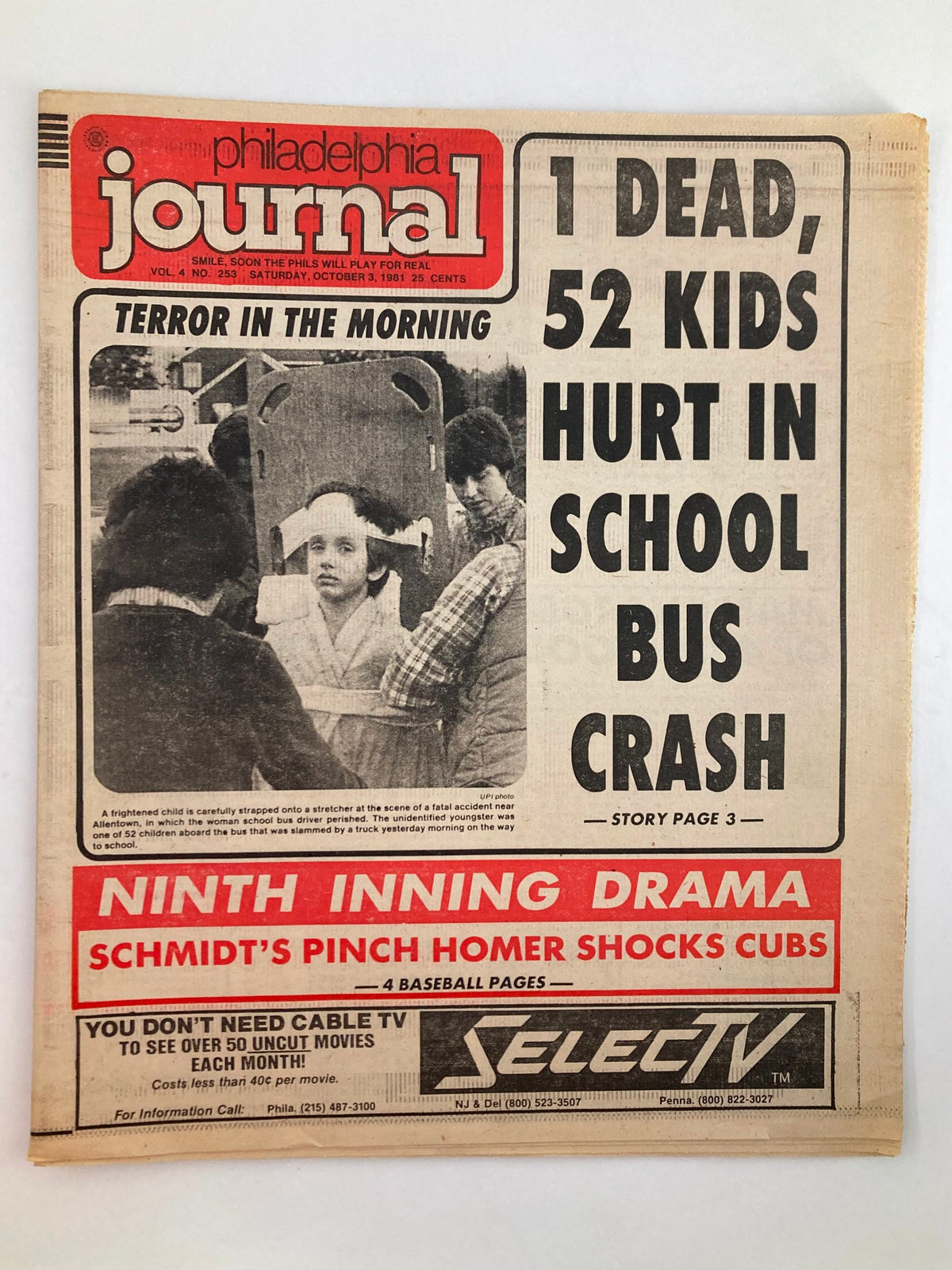 Philadelphia Journal Tabloid October 3 1981 Vol 4 #253 'Terror In The Morning' featuring headlines about a tragic school bus crash, including '1 Dead, 52 Kids Hurt' and a sports update on Schmidt's pinch hitting.