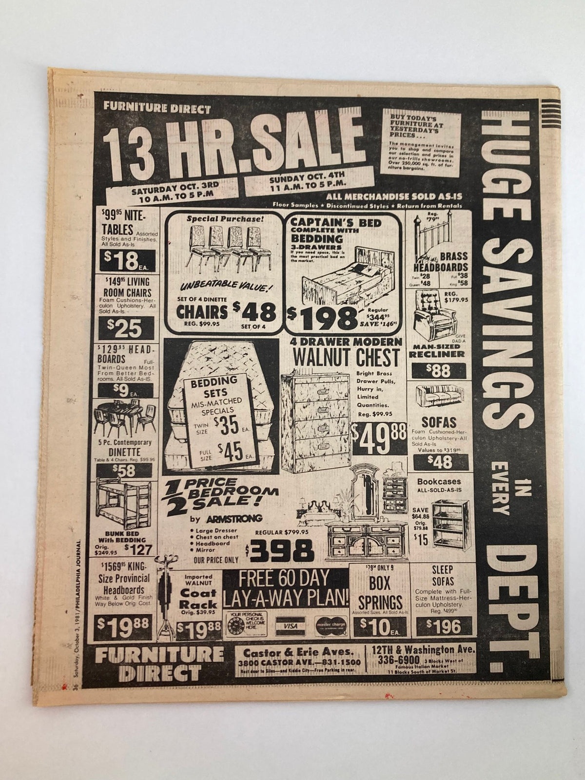Philadelphia Journal Tabloid October 3 1981 Vol 4 #253 back cover advertisement for '13 HR Sale' with furniture discounts and promotions, showcasing various home goods and savings opportunities.